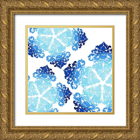 Blue Ombre Damask 1 Gold Ornate Wood Framed Art Print with Double Matting by Boho Hue Studio