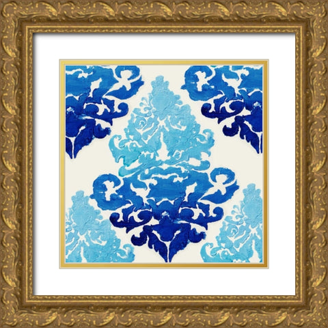 Blue Ombre Damask 2 Gold Ornate Wood Framed Art Print with Double Matting by Boho Hue Studio