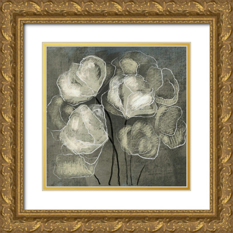 Gray Flowers Gold Ornate Wood Framed Art Print with Double Matting by Boho Hue Studio