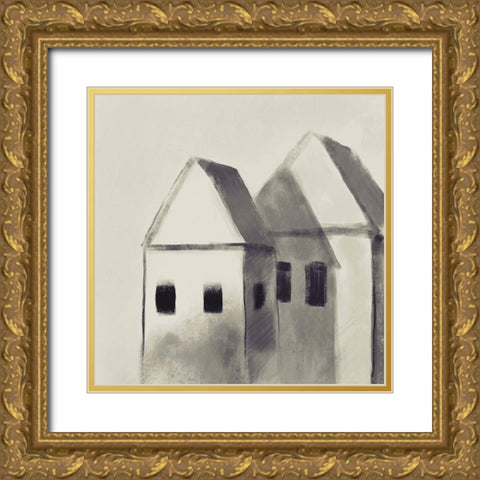 Charcoal Houses Gold Ornate Wood Framed Art Print with Double Matting by Boho Hue Studio
