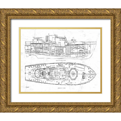 Boat Blueprint 1 wht Gold Ornate Wood Framed Art Print with Double Matting by Stevens, Carole