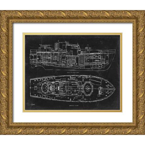 Boat Blueprint 1 blk Gold Ornate Wood Framed Art Print with Double Matting by Stevens, Carole