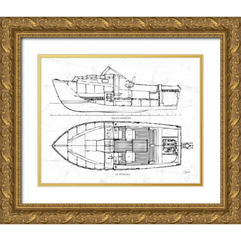 Boat Blueprint 2 wht Gold Ornate Wood Framed Art Print with Double Matting by Stevens, Carole