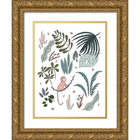 Botanical Jungle Monkey Gold Ornate Wood Framed Art Print with Double Matting by Sweet Melody Designs