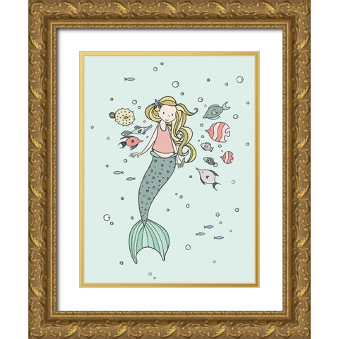 Mermaid And Fish Buddies Gold Ornate Wood Framed Art Print with Double Matting by Sweet Melody Designs
