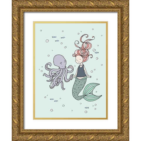 Mermaid And Octopus Buddies Gold Ornate Wood Framed Art Print with Double Matting by Sweet Melody Designs