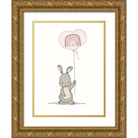 Bunny Heart Balloon Gold Ornate Wood Framed Art Print with Double Matting by Sweet Melody Designs