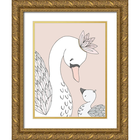 Swan Mama Baby Gold Ornate Wood Framed Art Print with Double Matting by Sweet Melody Designs