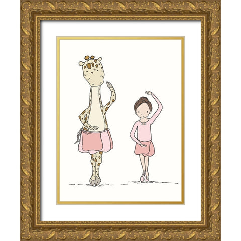 Girl And Giraffe Ballerina Gold Ornate Wood Framed Art Print with Double Matting by Sweet Melody Designs