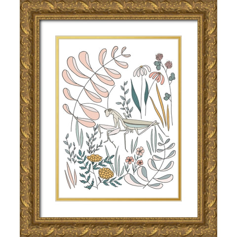 Praying Mantis Floral Gold Ornate Wood Framed Art Print with Double Matting by Sweet Melody Designs