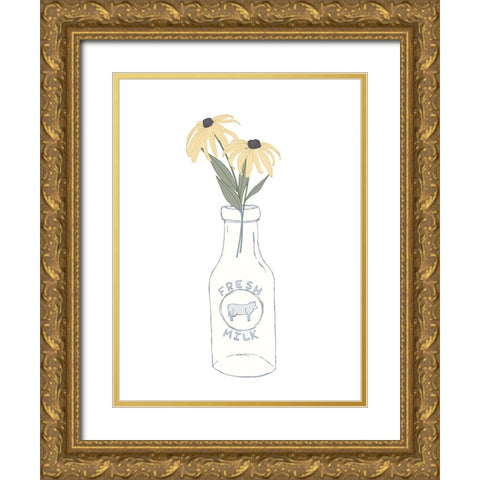 Milk Bottle Flowers Gold Ornate Wood Framed Art Print with Double Matting by Sweet Melody Designs