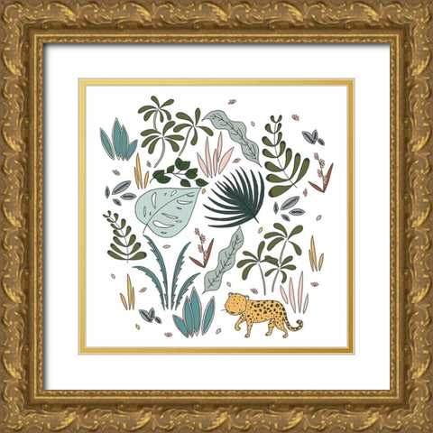 Botanical Jungle Leopard Gold Ornate Wood Framed Art Print with Double Matting by Sweet Melody Designs