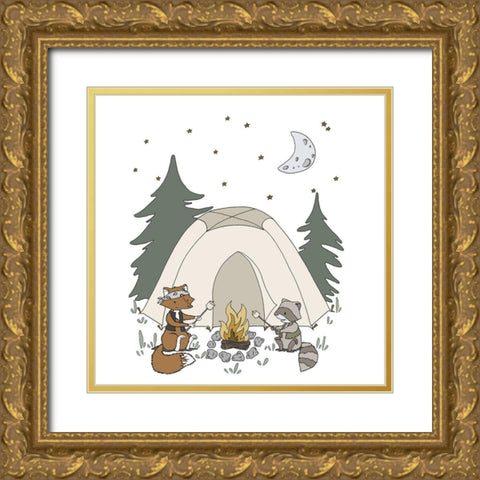 Woodland Camping Buddies Gold Ornate Wood Framed Art Print with Double Matting by Sweet Melody Designs