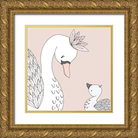 Swan Mama Baby Gold Ornate Wood Framed Art Print with Double Matting by Sweet Melody Designs