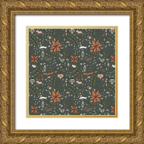 Festive Folk Pattern Deep Green Gold Ornate Wood Framed Art Print with Double Matting by Sweet Melody Designs