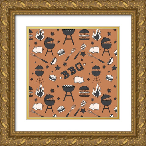 BBQ Grill Pattern Gold Ornate Wood Framed Art Print with Double Matting by Sweet Melody Designs