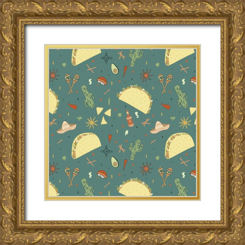 Taco Tuesday Pattern Gold Ornate Wood Framed Art Print with Double Matting by Sweet Melody Designs