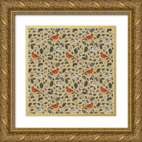 Winter Birds Pattern 2 Gold Ornate Wood Framed Art Print with Double Matting by Sweet Melody Designs