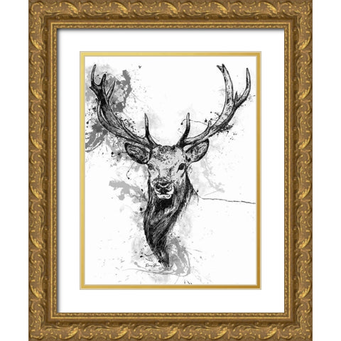 Deer Head Splash Gold Ornate Wood Framed Art Print with Double Matting by Brown, Denise