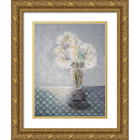 Flowers and Checked Tablecloth Gold Ornate Wood Framed Art Print with Double Matting by Charest, Doris