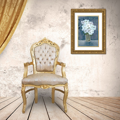 White Floral Blues Gold Ornate Wood Framed Art Print with Double Matting by Charest, Doris