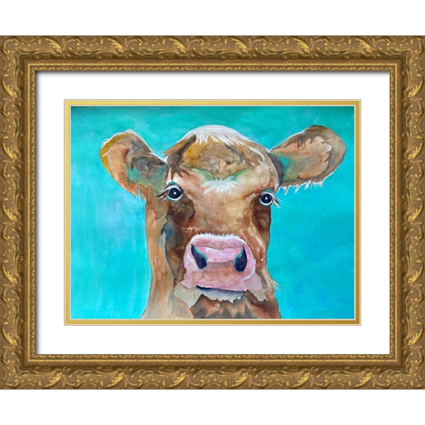 Gazing Cow 1 Gold Ornate Wood Framed Art Print with Double Matting by Charest, Doris