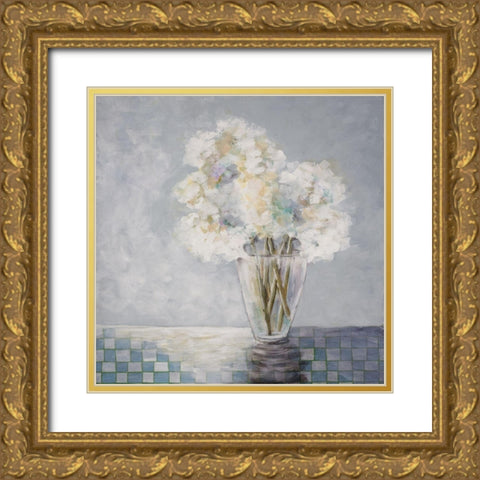 Flowers and Checked Tablecloth Gold Ornate Wood Framed Art Print with Double Matting by Charest, Doris