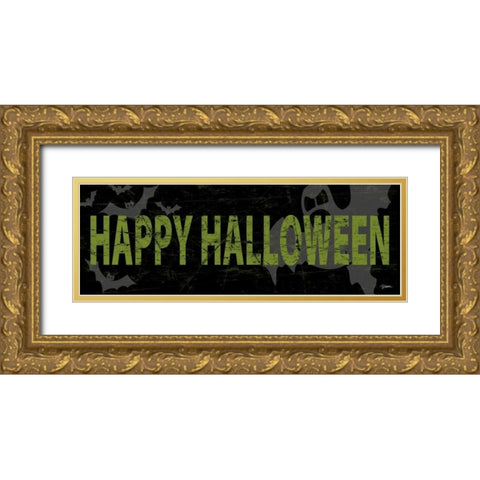 Happy Halloween Green Gold Ornate Wood Framed Art Print with Double Matting by Stimson, Diane