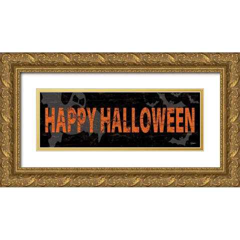 Happy Halloween Orange Gold Ornate Wood Framed Art Print with Double Matting by Stimson, Diane