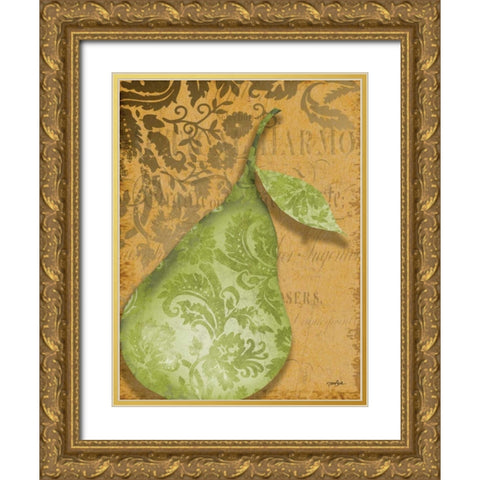 Green Pear Damask Gold Ornate Wood Framed Art Print with Double Matting by Stimson, Diane