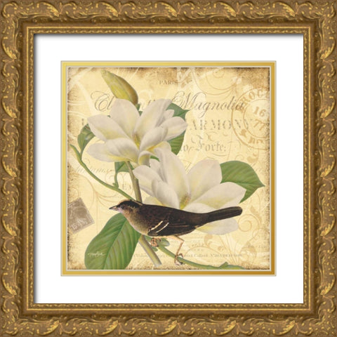 Bird Magnolia Gold Ornate Wood Framed Art Print with Double Matting by Stimson, Diane