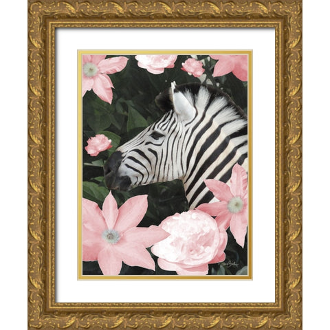 Floral Zebra Gold Ornate Wood Framed Art Print with Double Matting by Stimson, Diane