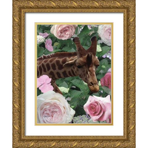 Floral Giraffe Gold Ornate Wood Framed Art Print with Double Matting by Stimson, Diane