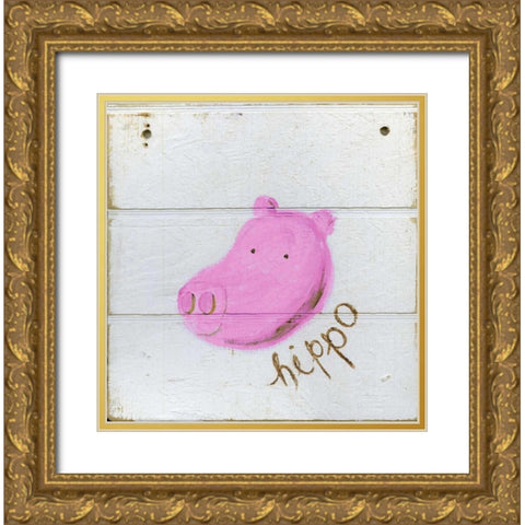 Happy Pink Hippo Gold Ornate Wood Framed Art Print with Double Matting by Butson, Erin
