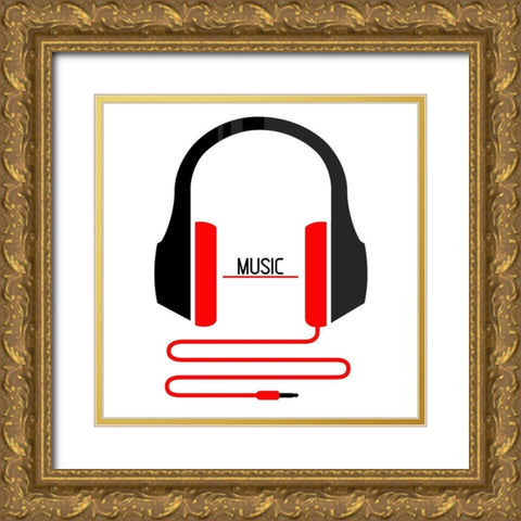Headphones Music Gold Ornate Wood Framed Art Print with Double Matting by Rodriguez, Enrique