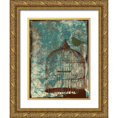 Birdcage on Teal 1 Gold Ornate Wood Framed Art Print with Double Matting by Grey, Jace