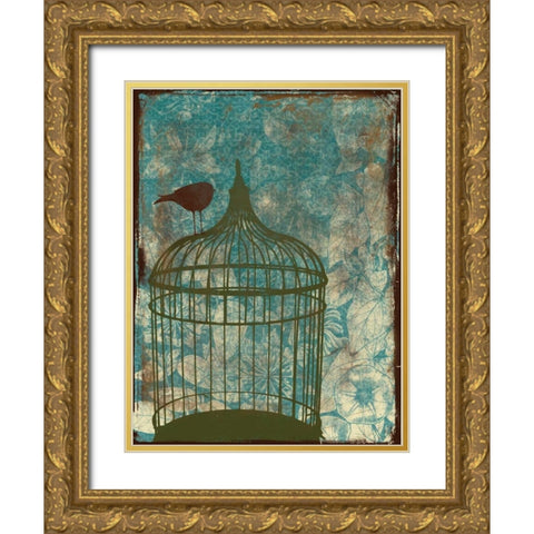 Birdcage on Teal 2 Gold Ornate Wood Framed Art Print with Double Matting by Grey, Jace