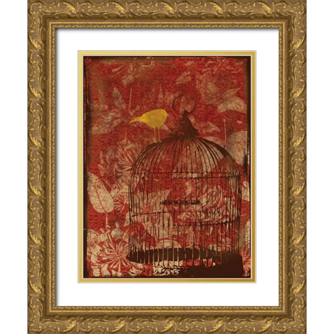 Birdcage on Red 1 Gold Ornate Wood Framed Art Print with Double Matting by Grey, Jace