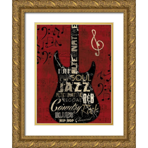 Music Notes Red Gold Ornate Wood Framed Art Print with Double Matting by Grey, Jace