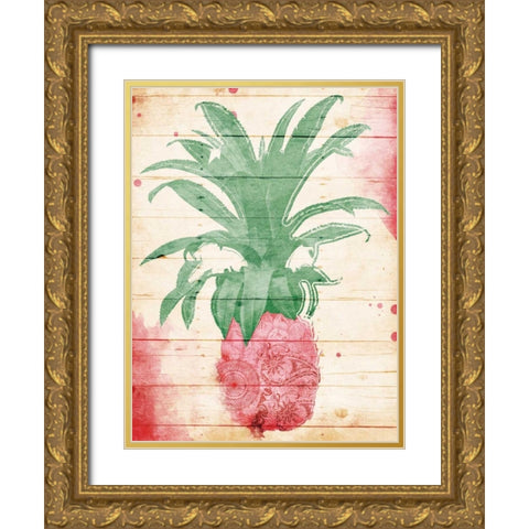 Pink Pineapple Henna Gold Ornate Wood Framed Art Print with Double Matting by Grey, Jace