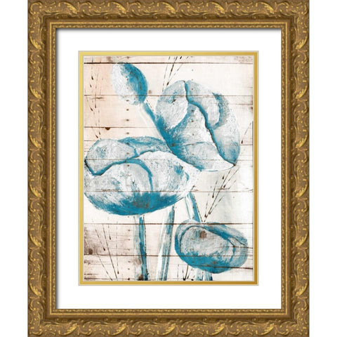 White Wood Blue Florals Mate Gold Ornate Wood Framed Art Print with Double Matting by Grey, Jace