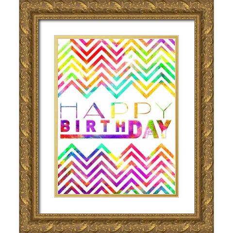 Happy Birthday Chevron Gold Ornate Wood Framed Art Print with Double Matting by Grey, Jace