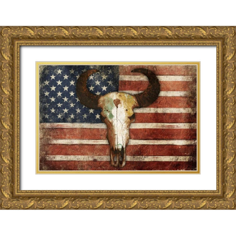 US Skull Flag Gold Ornate Wood Framed Art Print with Double Matting by Grey, Jace
