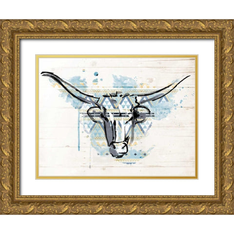 Bull Patterned Blues Gold Ornate Wood Framed Art Print with Double Matting by Grey, Jace
