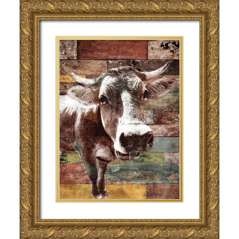 Cow With Multi Wood Gold Ornate Wood Framed Art Print with Double Matting by Grey, Jace