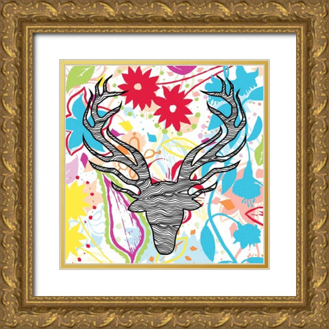 Floral DEER 1 Gold Ornate Wood Framed Art Print with Double Matting by Grey, Jace