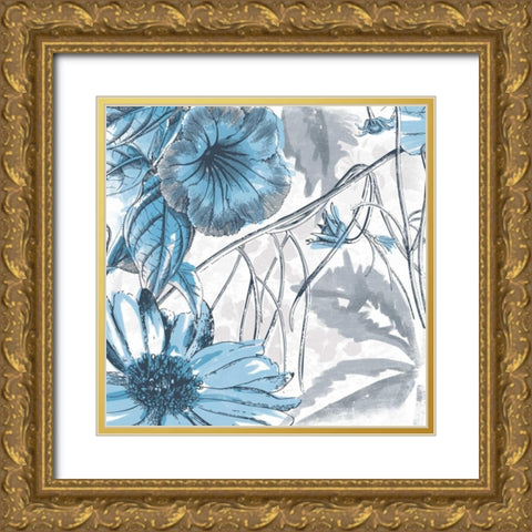 Sketch Flowers 2 Blue Gold Ornate Wood Framed Art Print with Double Matting by Grey, Jace