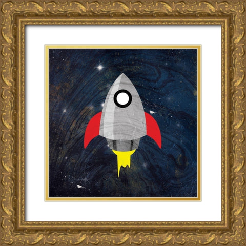 Galaxy Rockets Blue Gold Ornate Wood Framed Art Print with Double Matting by Grey, Jace