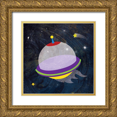 Galaxy Rockets Blue Stars Gold Ornate Wood Framed Art Print with Double Matting by Grey, Jace