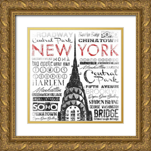 New York Words Gold Ornate Wood Framed Art Print with Double Matting by Grey, Jace